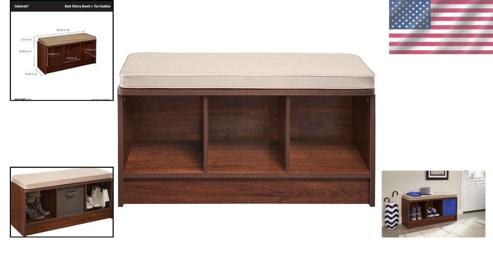 Functional 3-Cube Storage Bench in Dark Cherry with Tan Cushion - Easy Assembly
