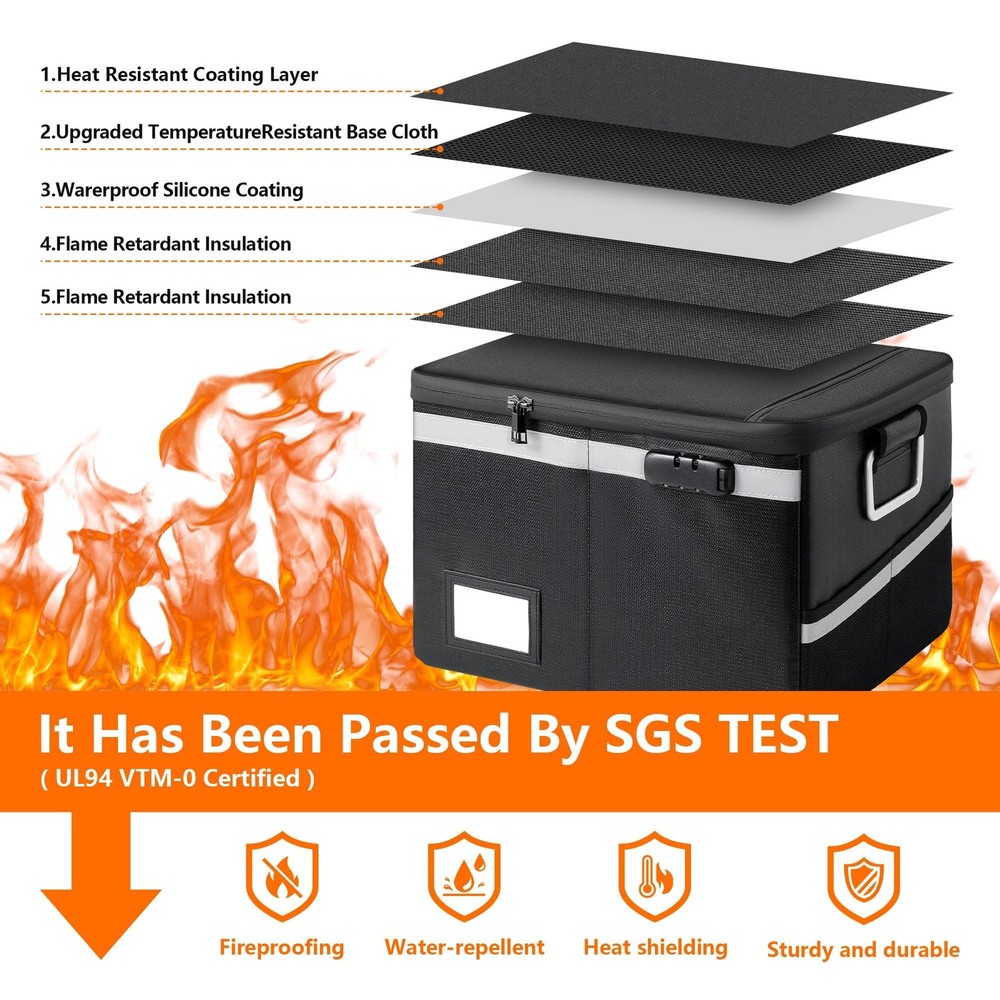2000°F Fireproof & Waterproof Document Box with Lock, Collapsible Portable