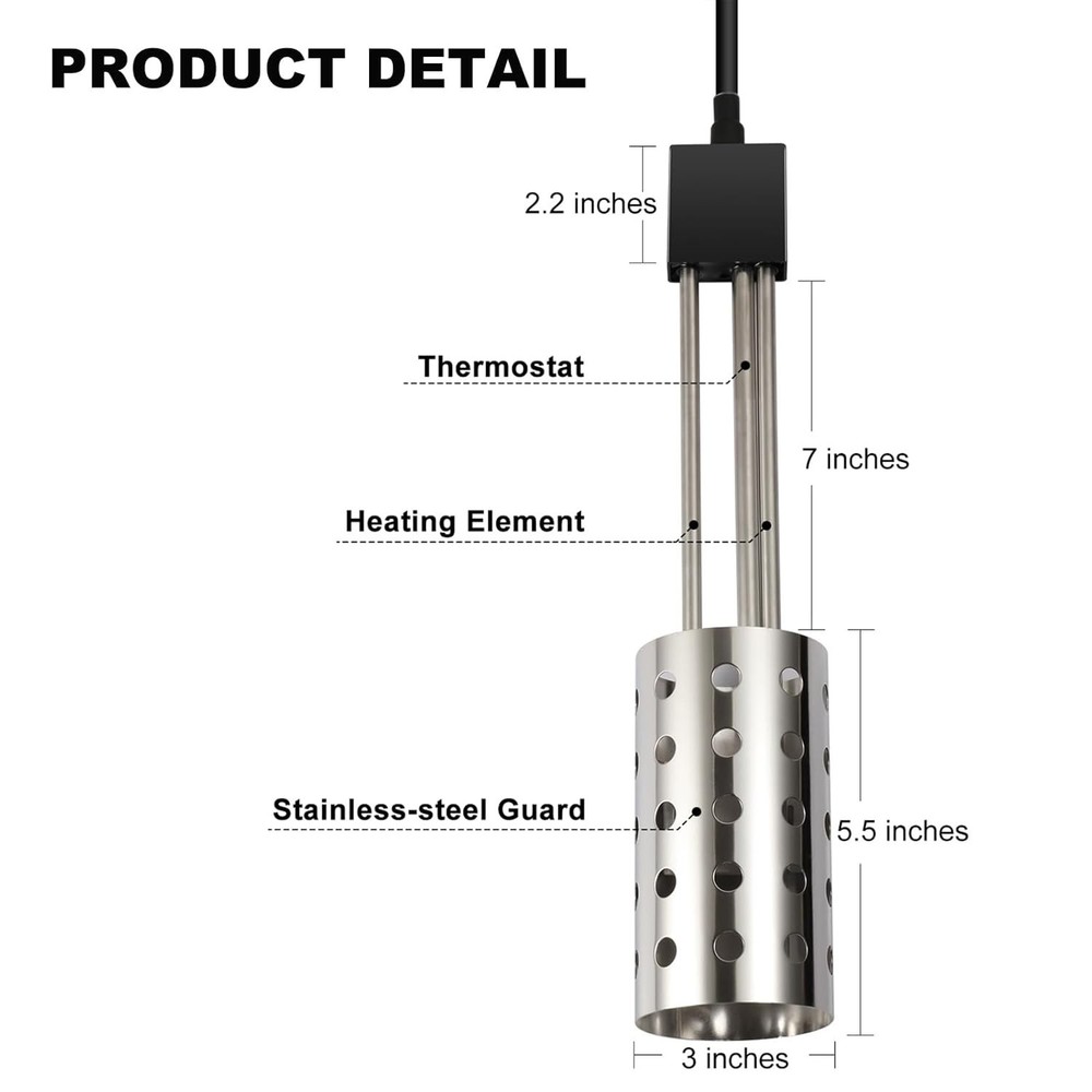 1500W Bucket Heater, Rust Proof Built in Temperature Controller Immersion Wat...