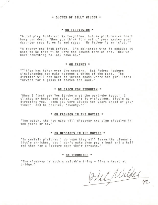 BILLY WILDER - TYPESCRIPT SIGNED 1992