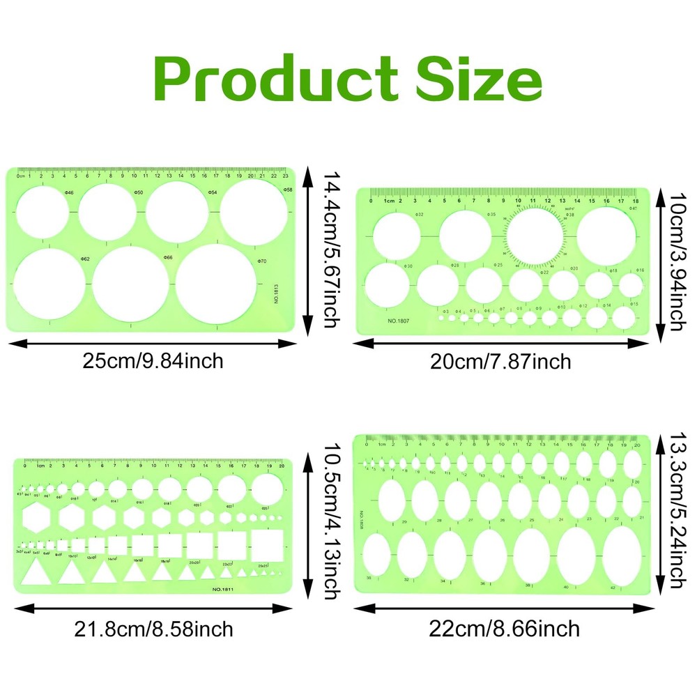 Circle Template for Drawing Drafting, 4Pcs Plastic Circle/Oval/Triangle Shape