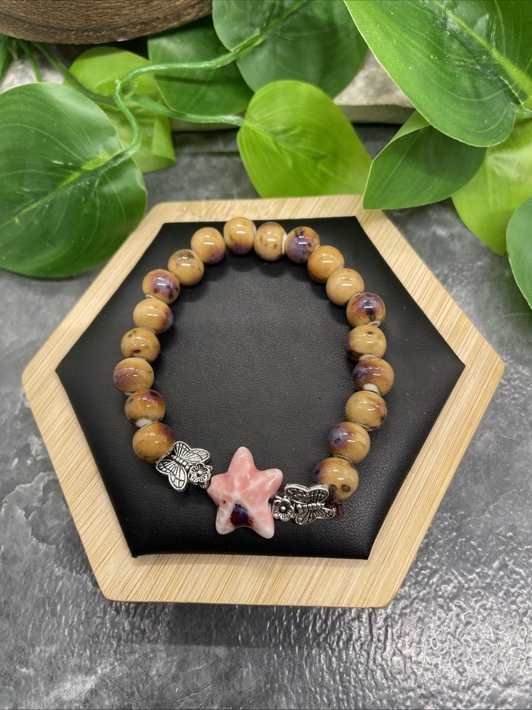 Handmade Ceramic Bead Beaded Stackable 6.25” Plus Stretch Bracelet New B237