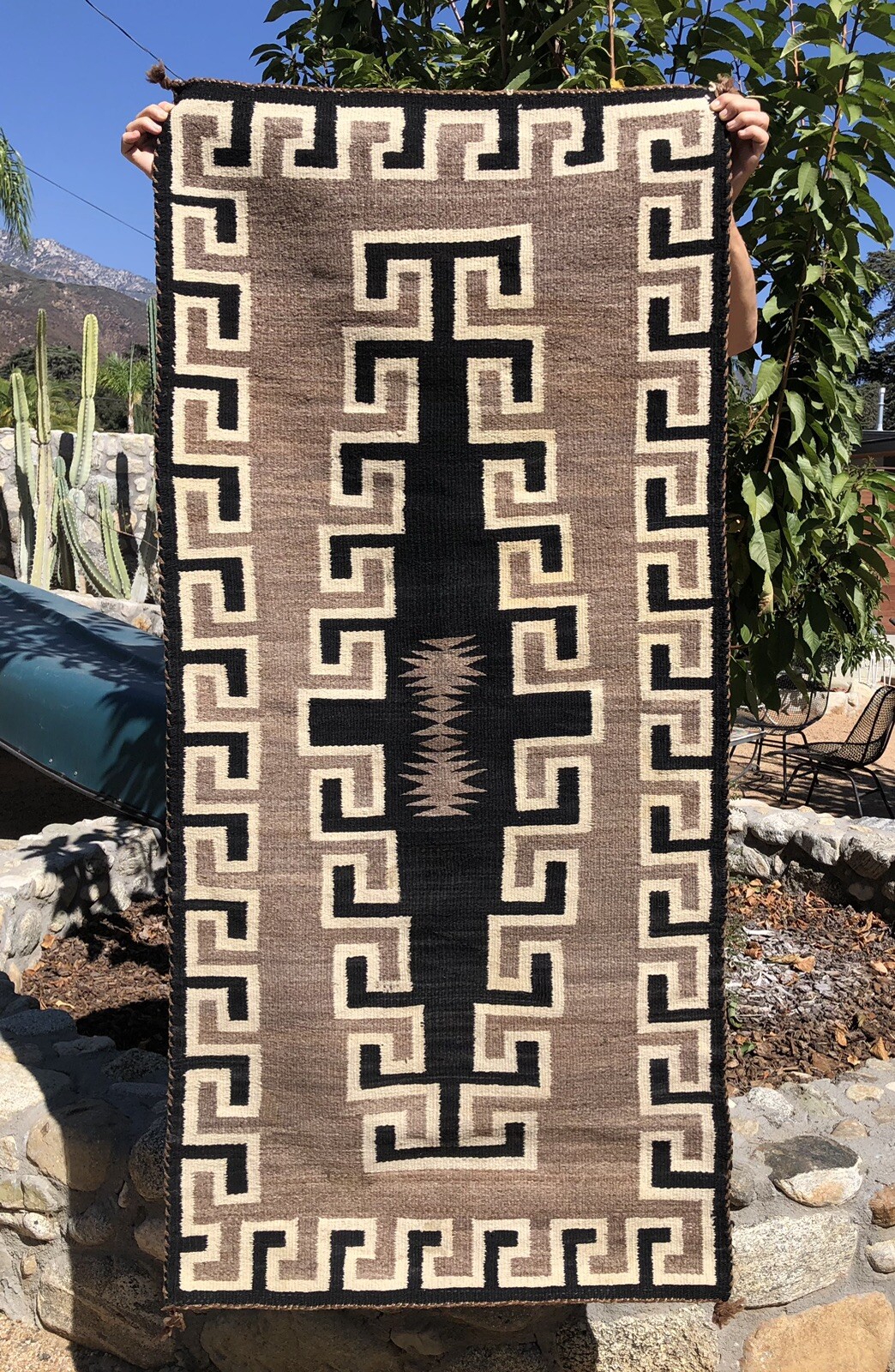 ANTIQUE NAVAJO WEAVING RUG NATURAL CHURRO WOOLS AUTHENTIC NATIVE c1930 62”x29”