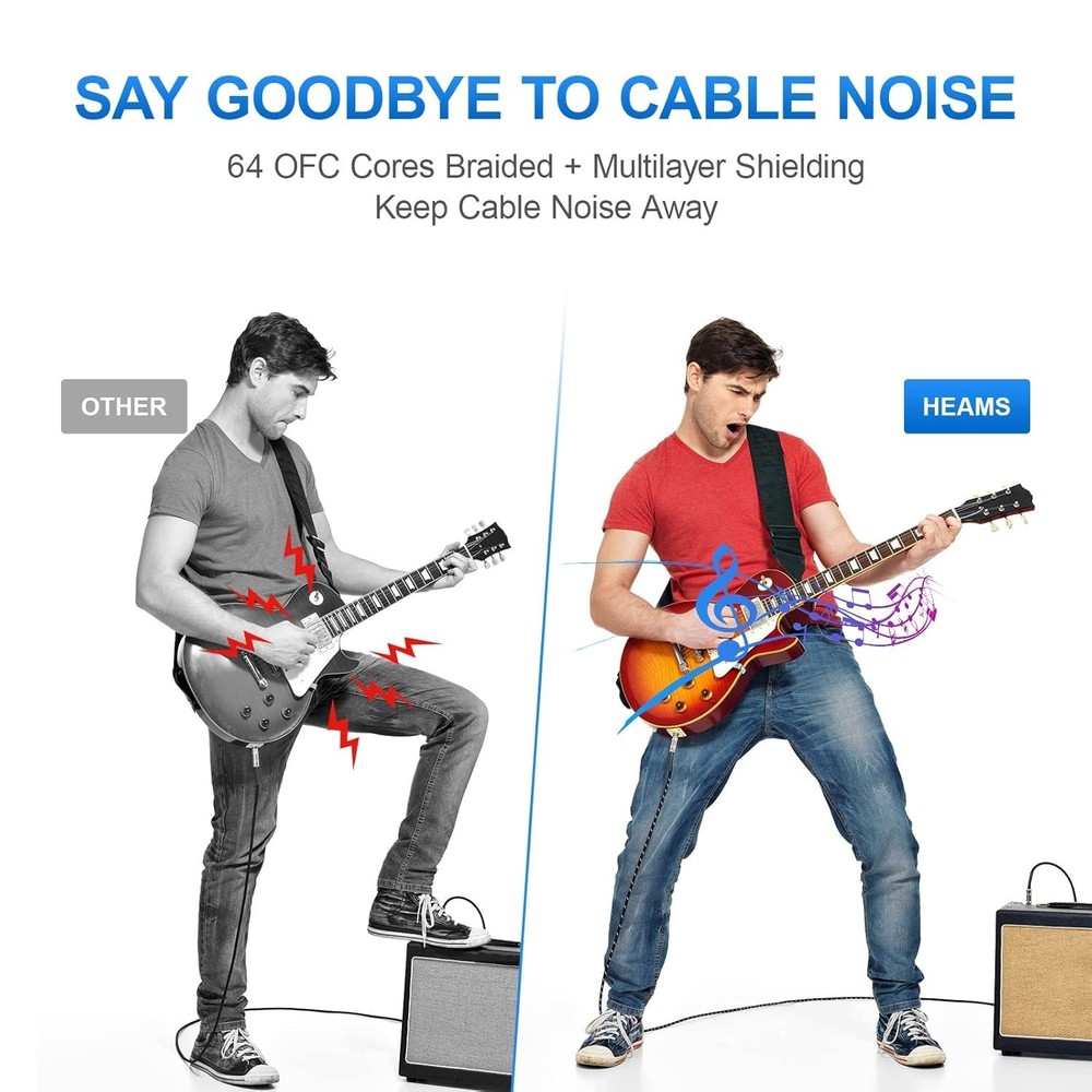 Noise-Free 10 FT Amp Cord - Ultimate Durability & Right Angle Compatibility