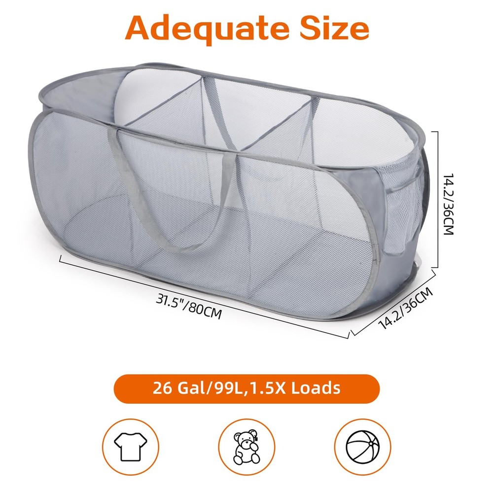 Durable Collapsible Foldable Pop Up Laundry Hamper Sturdy 3 Compartments Hand...