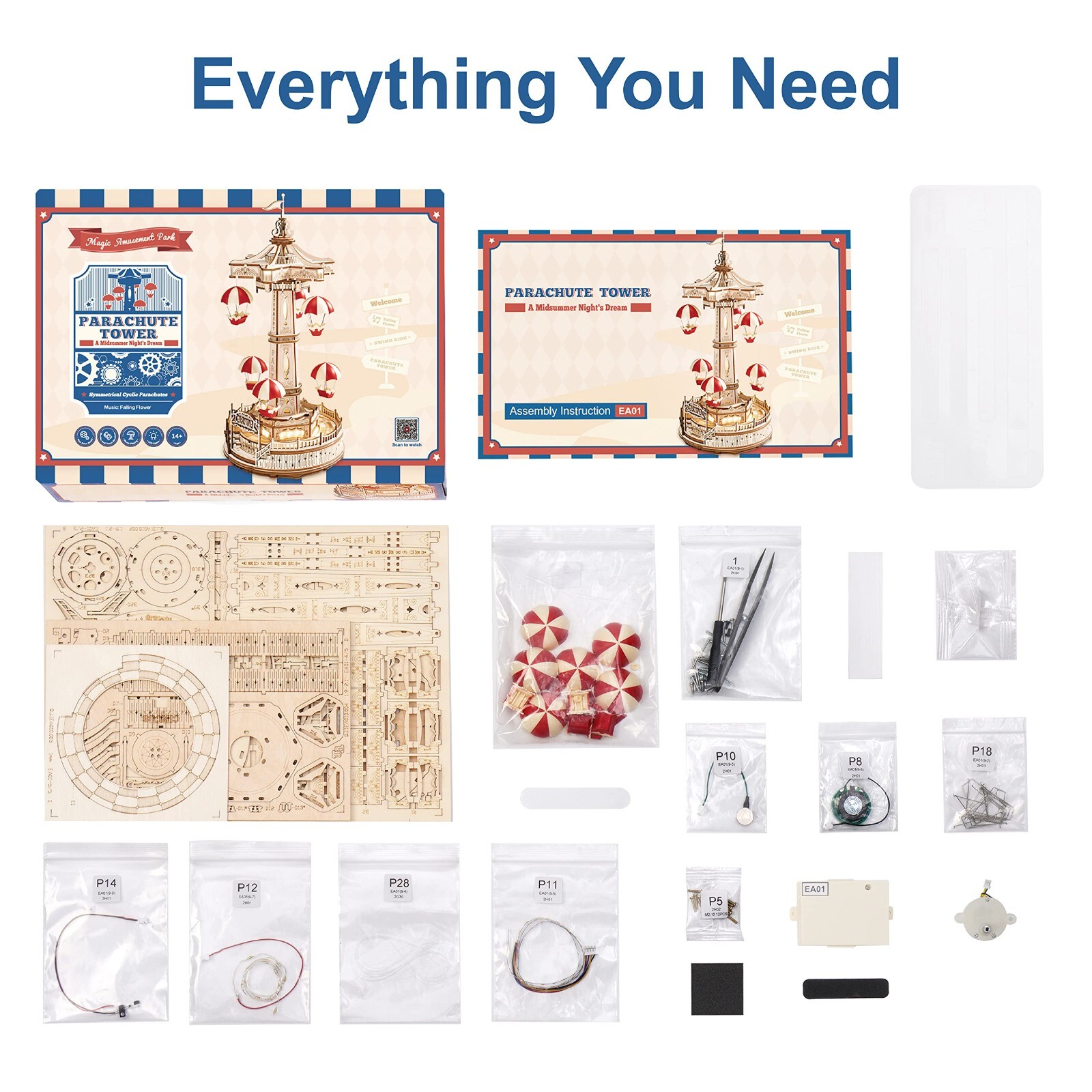 ROKR 4kit Pinball ParachuteTower SwingRide TeaCup MusicBox 3DWoodPuzzle XmasGift
