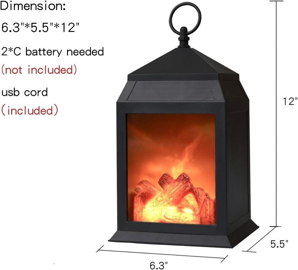 Black Tabletop Fireplace Lantern, Realistic Flame, Timer, USB/Battery, Indoor...
