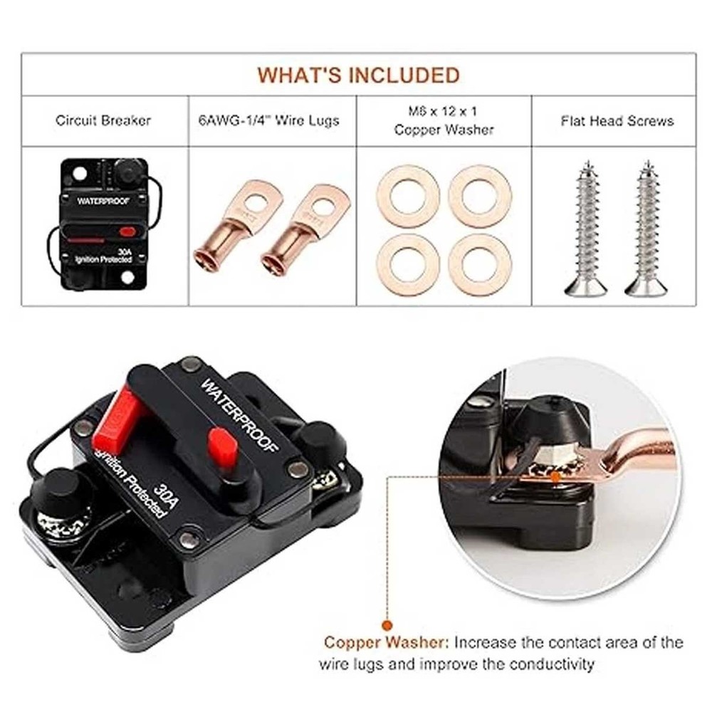 Two 30 amp circuit breakers for easy installation on trolling trailer vehicles