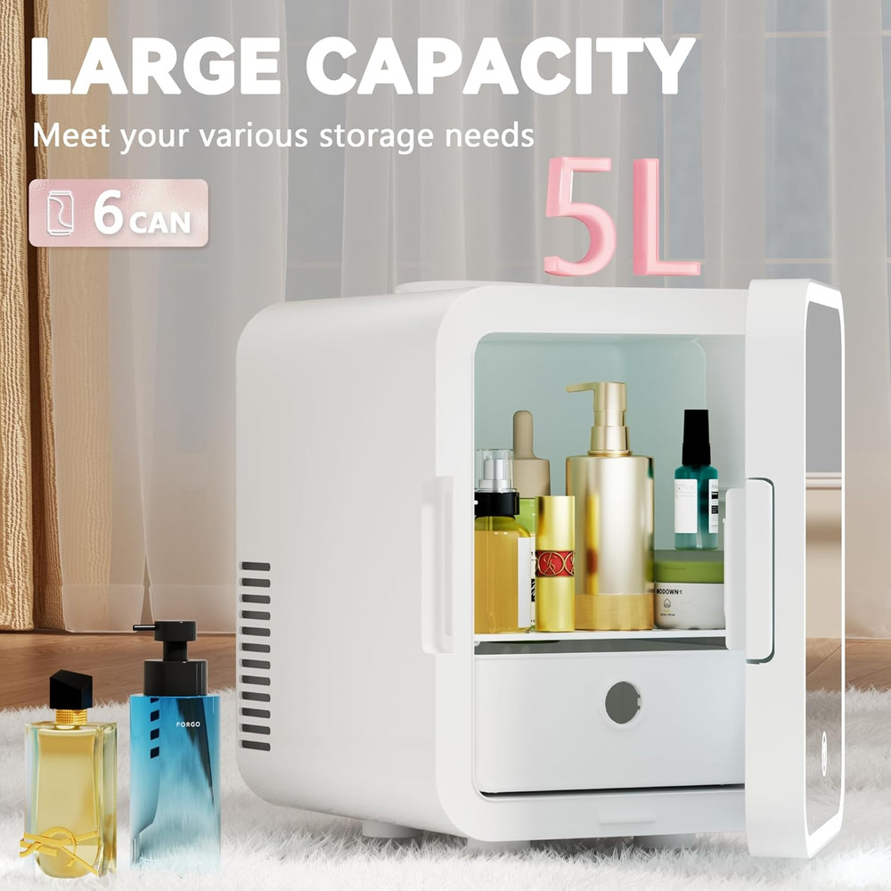 Mini Fridge, 5L AC/DC Small Refrigerator with Dimmable LED Mirror, Portable Cool