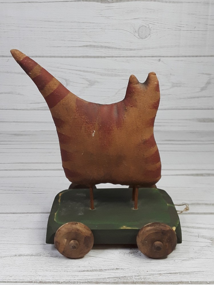 Primative Cloth Canvas Cat Pull Toy Folk Art Hand Painted Made Functioning