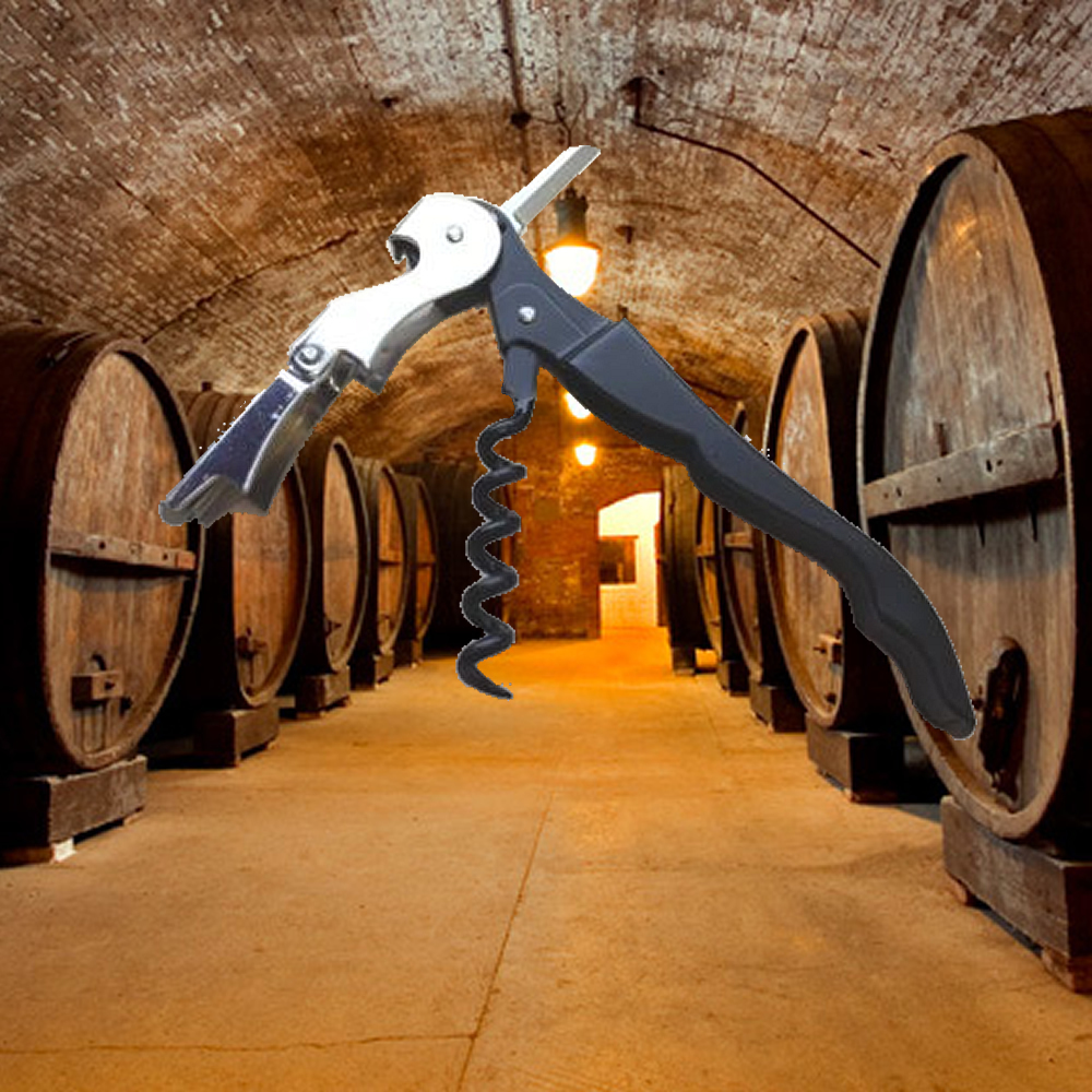 Strong Wine Opener ~ Corkscrew ~ Double-Hinged ~ Black Handle