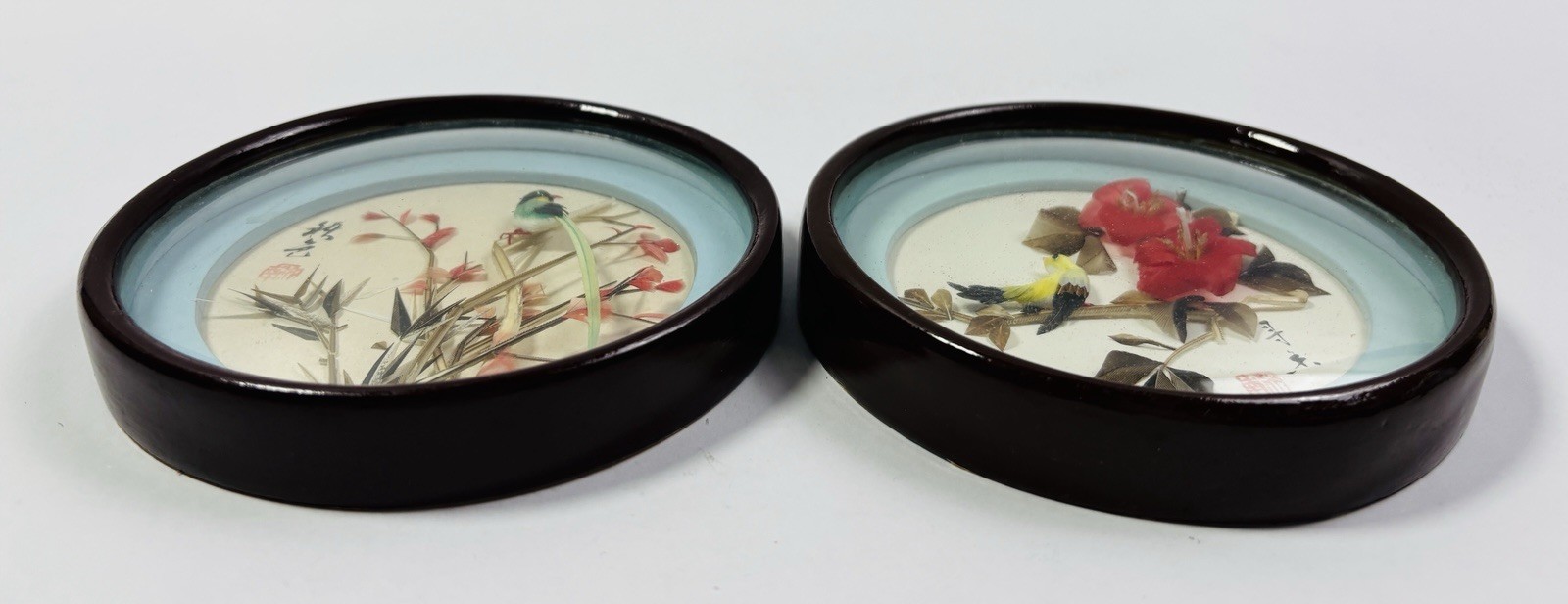 Lot of 2 Vintage Chinoiserie 3D Bird Feather Art Shadow Boxes