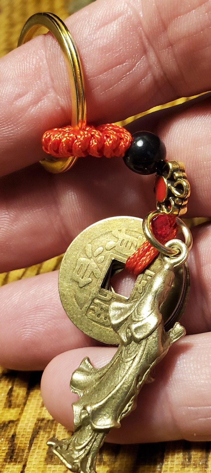 CHARMS & BEADS-BRASS CHINESE GUANYIN & MONEY W/ KEY RING-KEY FOB
