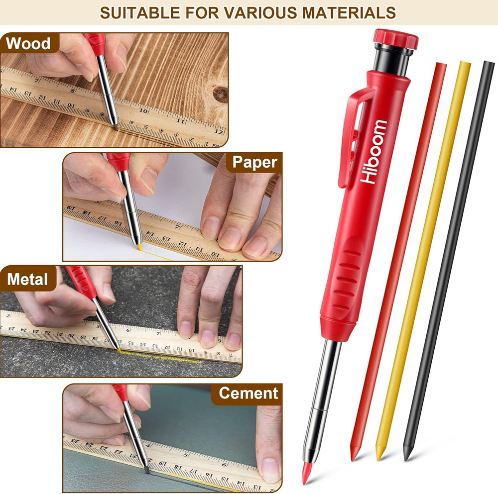 2 Pack Solid Carpenter Pencils with Pencil Cap and 18 Refills, Long Nose Deep Ho