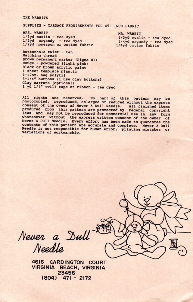 Never a Dull Needle Sewing Craft Dollmaking Pattern "The Wabbits" 15" Dolls