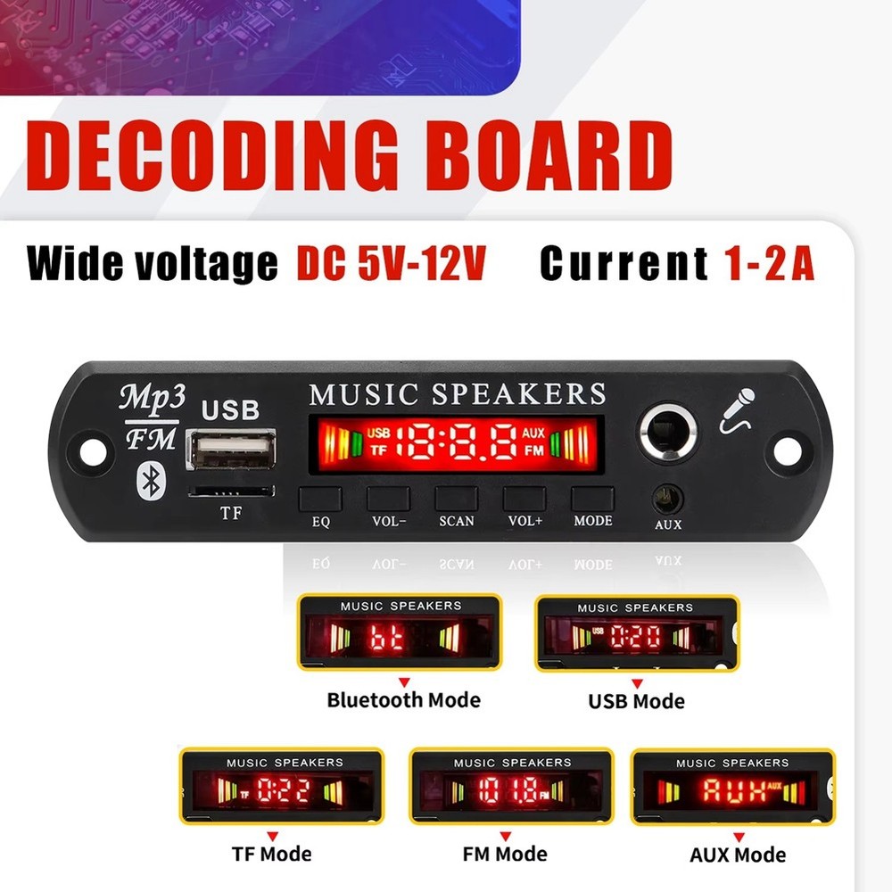 12V MP3 Decoder Board Bluetooth 5.0 Wireless Car Audio Microphone USB TF-R6434