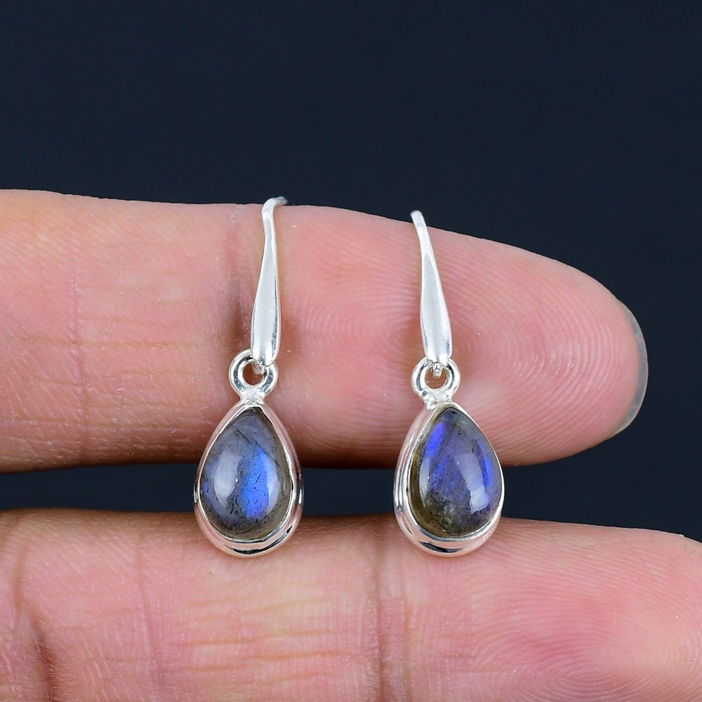 Natural Labradorite Gemstone 925 Sterling Silver Small Tiny Drop Dangle Earrings