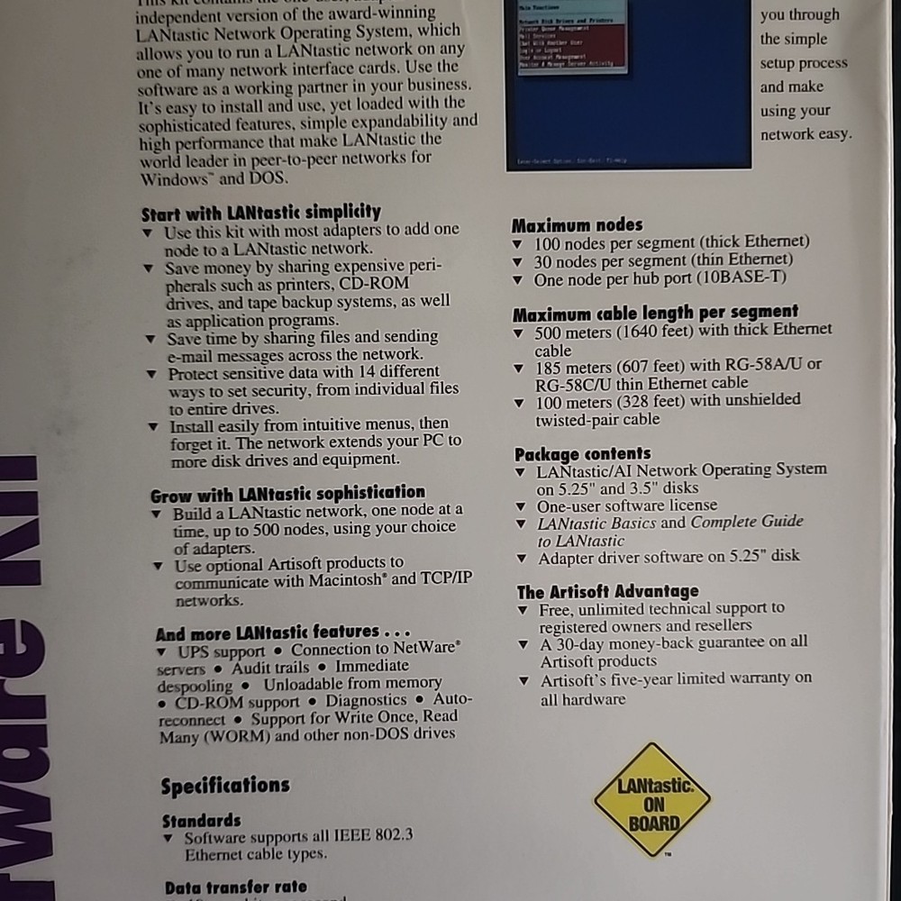 Artisoft LANtastic 5.0 AI Network Single Node Operating System Software Kit