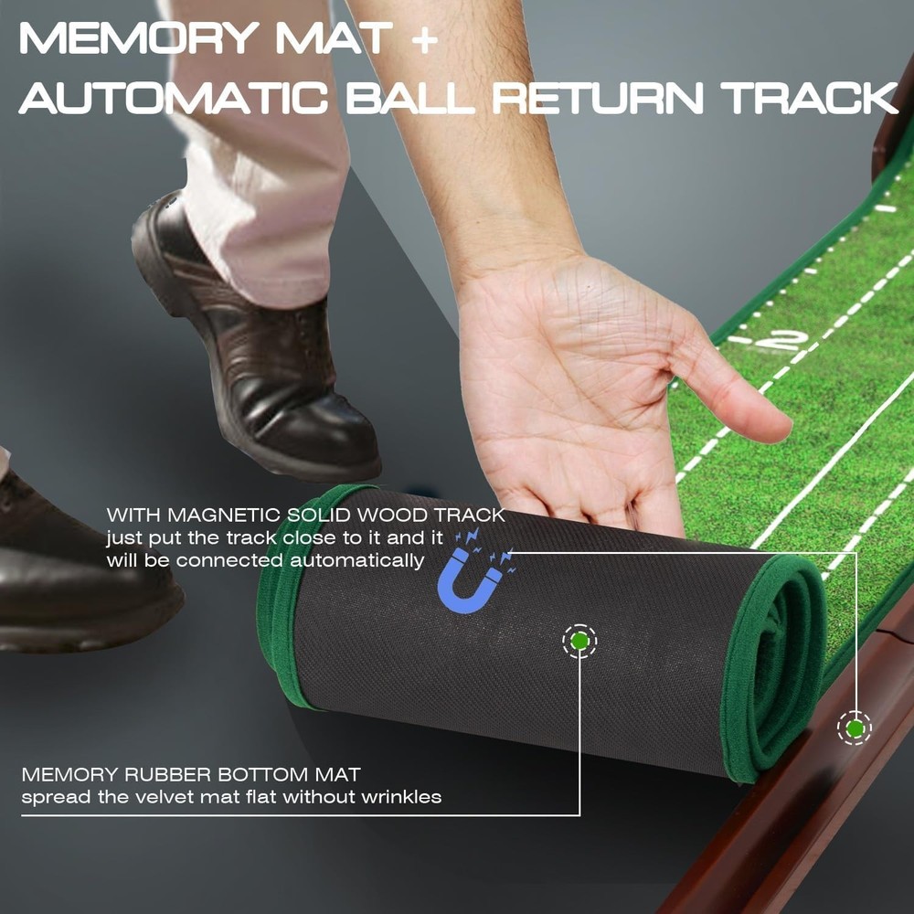 Foldable Portable Golf Putting Mat with Mirror & Automatic Ball Return System