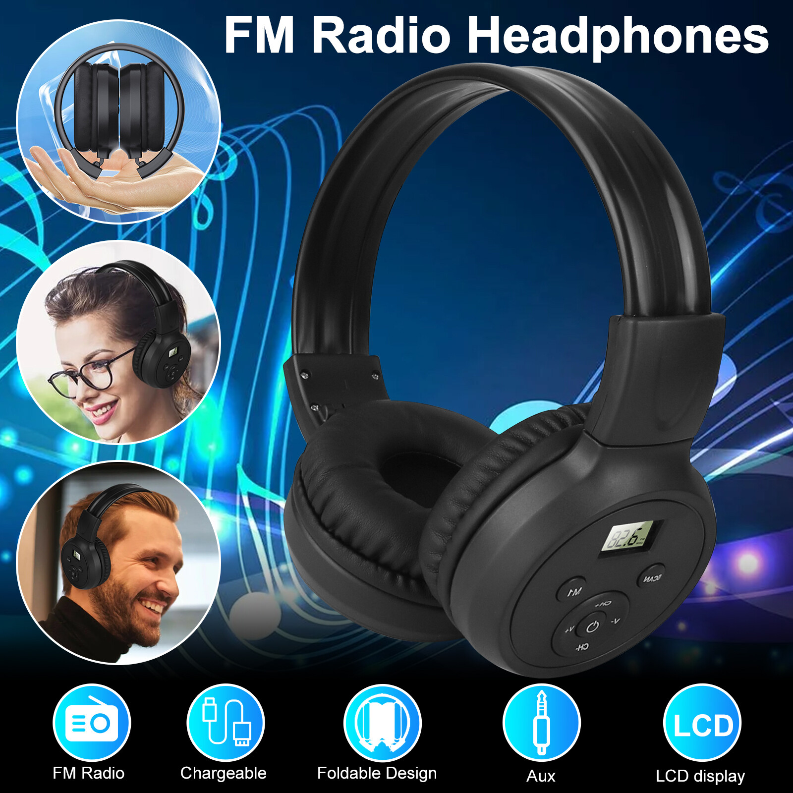 Wireless FM Radio Headphones 3.5mm Rechargeable Over-Ear Stereo Headset Foldable
