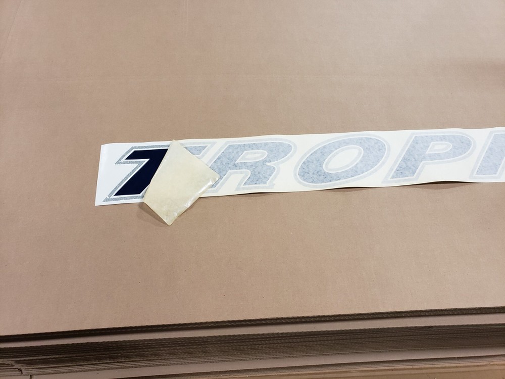 44” TROPHY SCRIPT DECAL OFF SHORE BLUE WITH SILVER TRIM