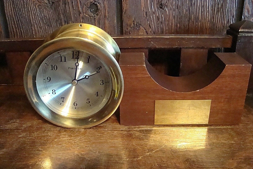 PORTFOLIO BRASS NAUTICAL CLOCK & WOOD STAND