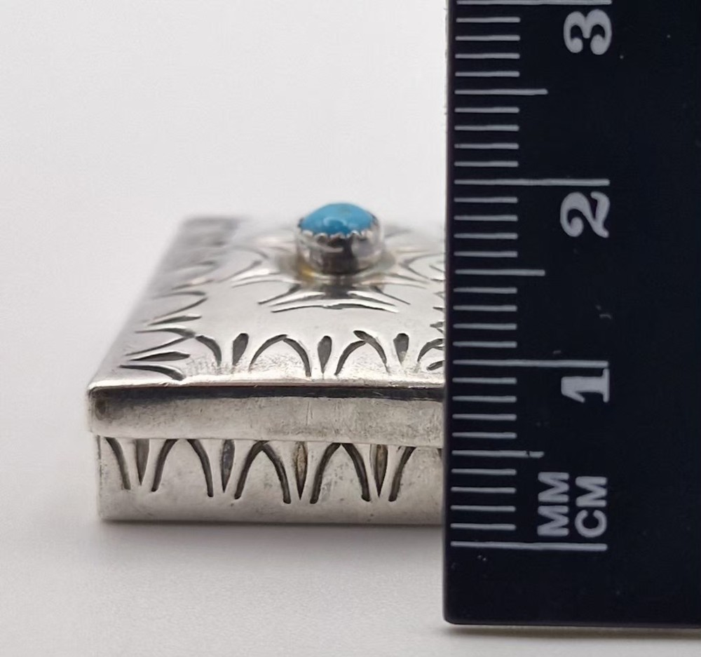 Vintage Sterling Silver Pill Box Rectangular Engraved Blue Turquoise 14.3g