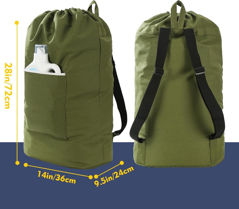 Canvas Laundry bag, Washable Laundry backpack, Adjustable Straps, Large Front