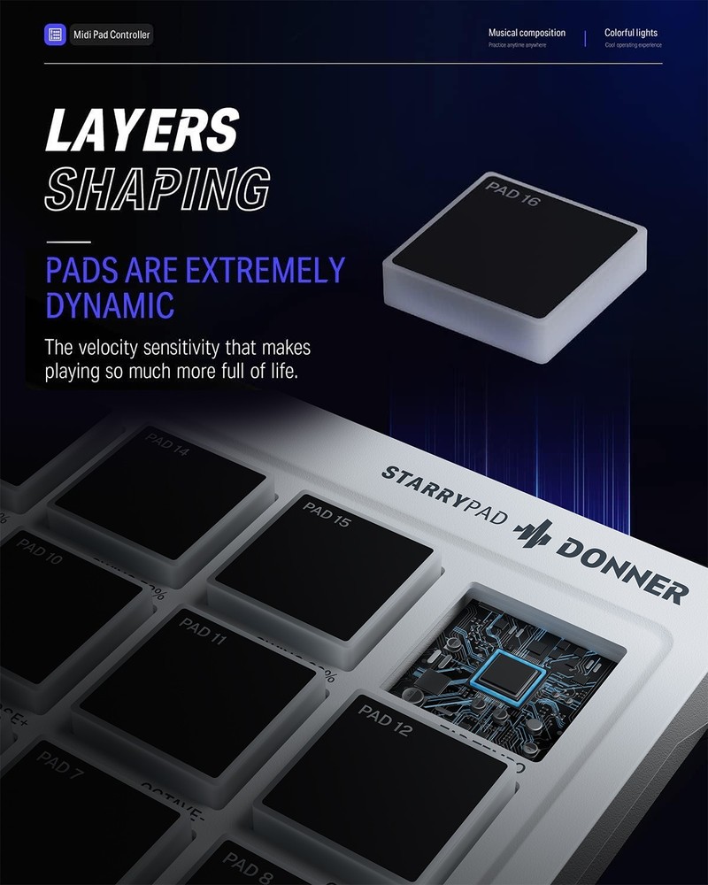 Donner STARRYPAD Professional MIDI Drum Machine 16 Beat Pads USB Controller