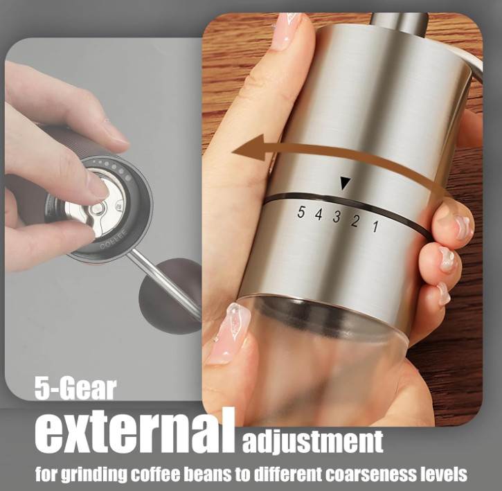 Portable Manuel Coffee Grinder Ceramic Conical Burr w/5 Adjustable Grind Setting
