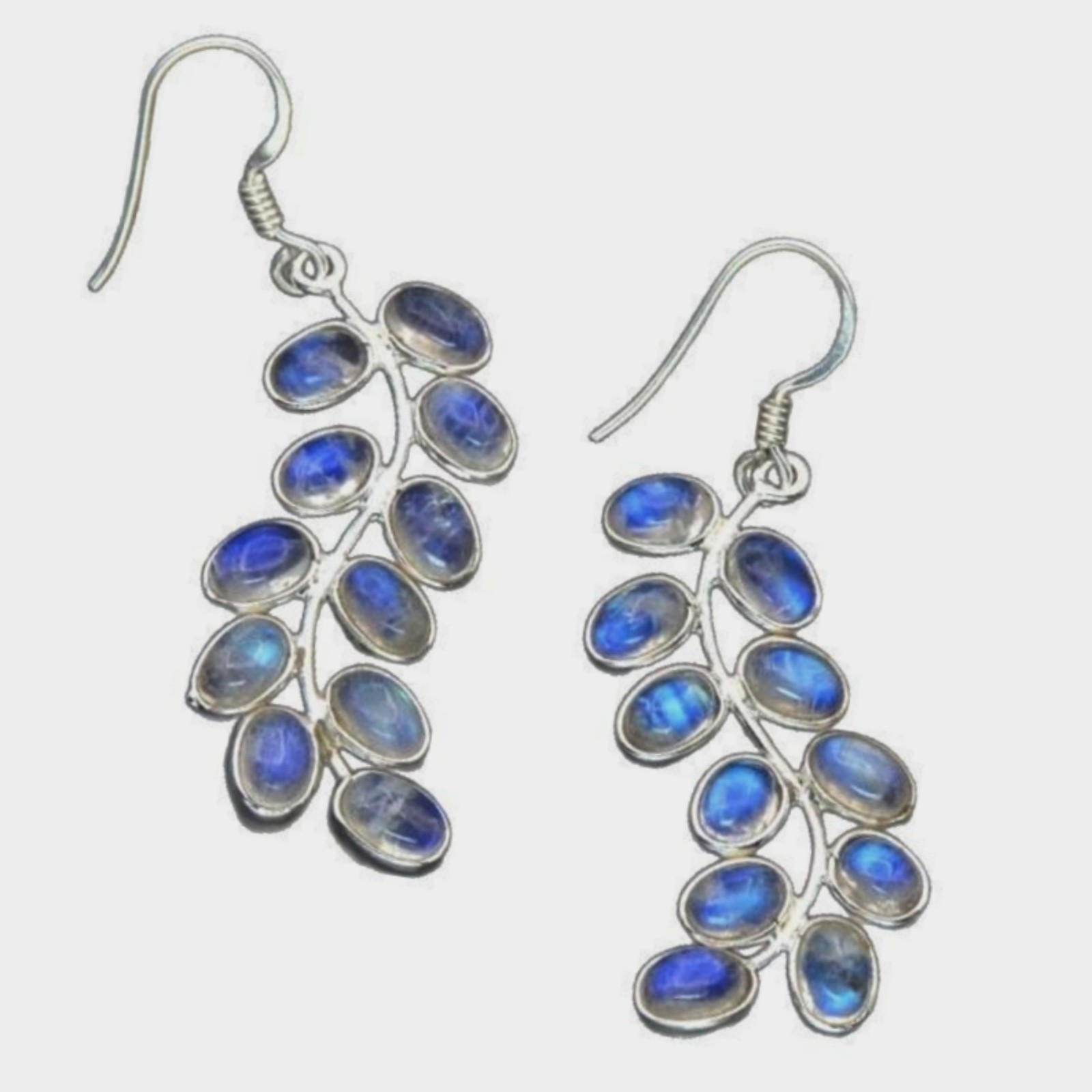Women's Oval Moonstone Cluster Leaf Silhouette Silver Plated Dangle Earrings