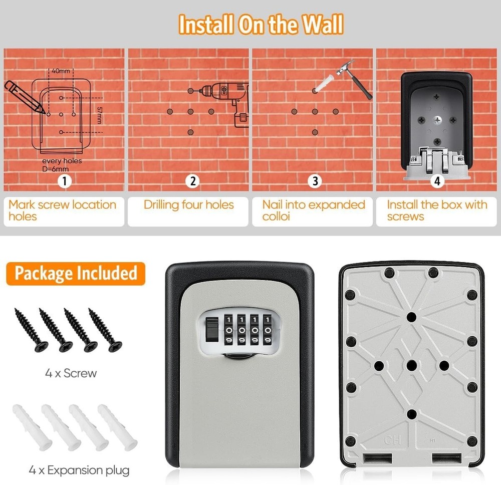 Durable Portable Key Lock Box - Wall-Mounted 4-Digit Security Box for 5 Keys