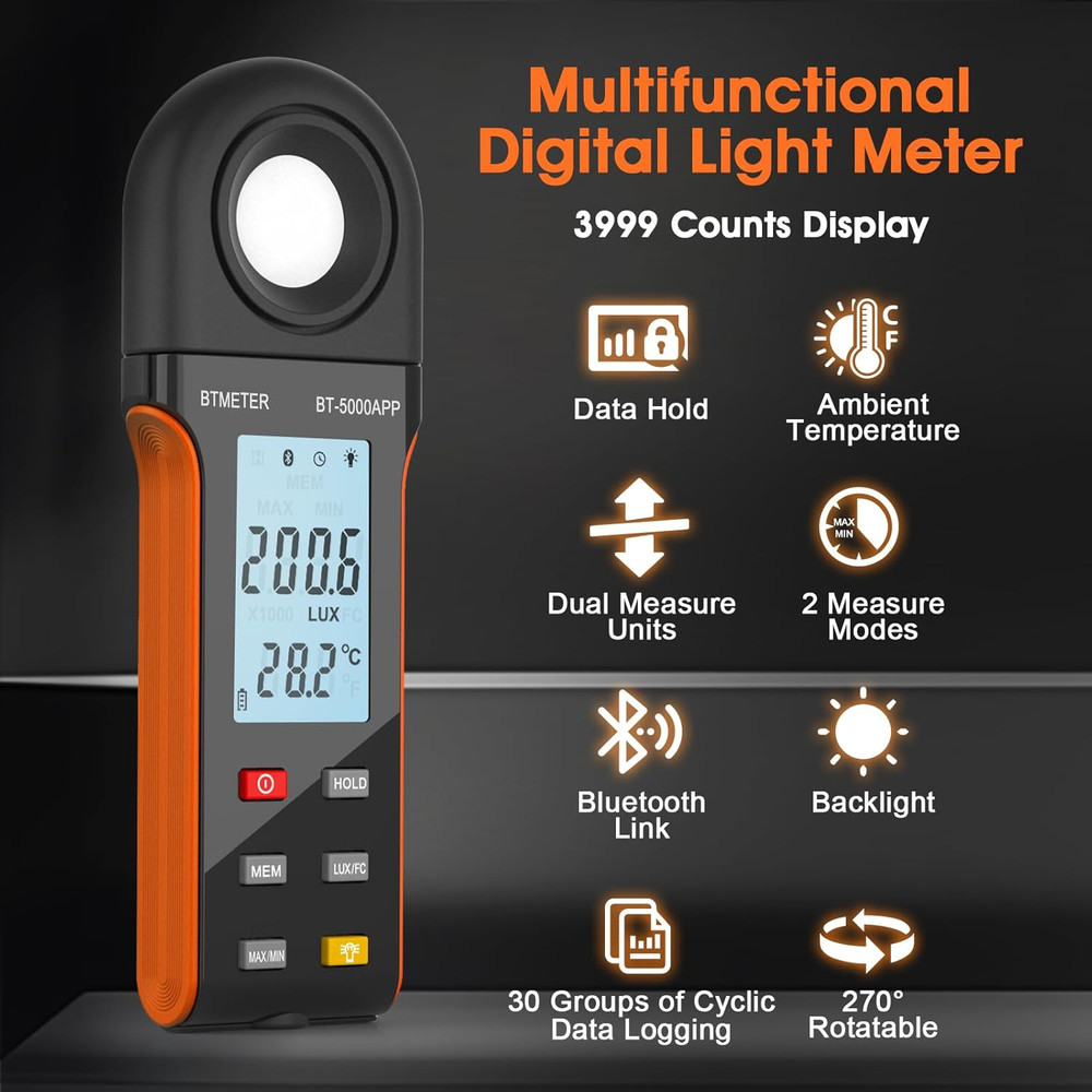 Illuminance Light Meter W/Bluetooth - Digital Lumen Tester Measure Lighting Leve