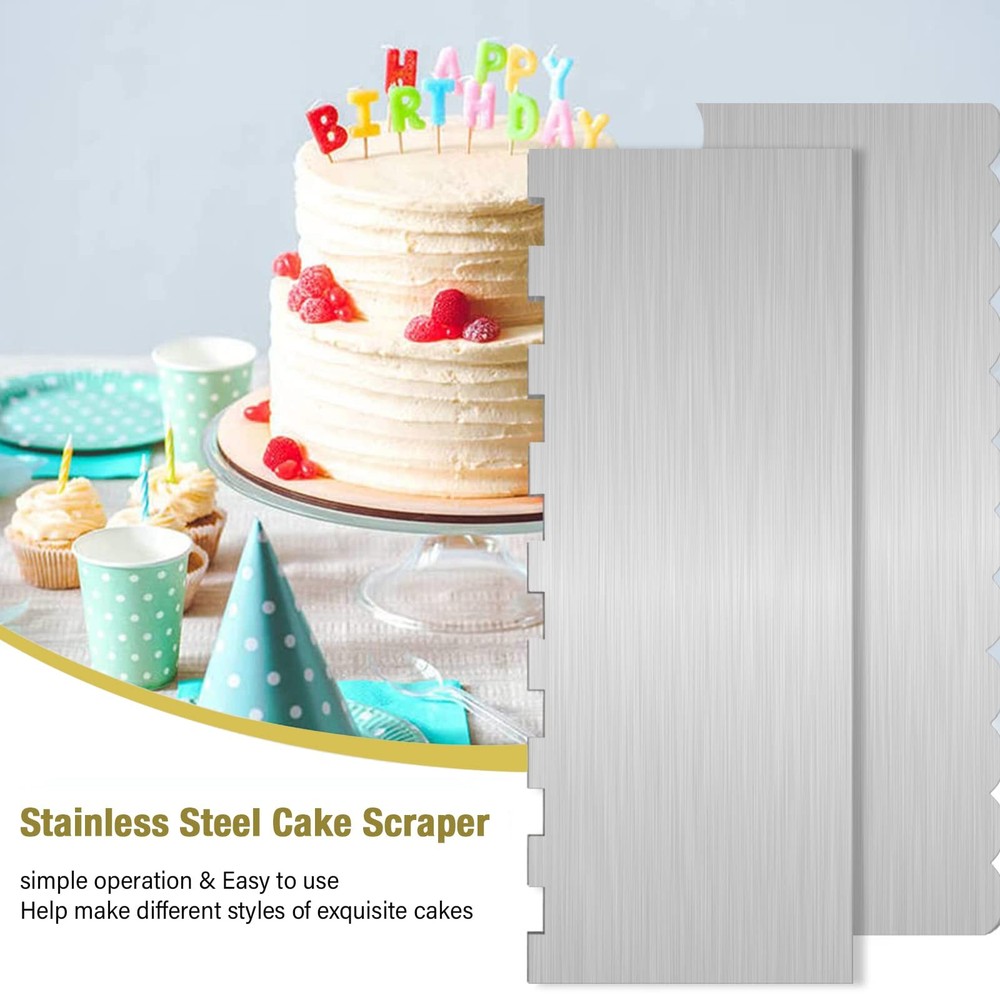 2 PCS Stainless Steel Cake Scraper, Double Sided Patterned Edge Decorating