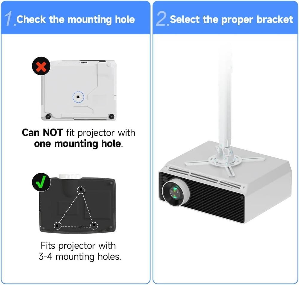 White Projector Ceiling Mount Bracket Fits Flat or Sloped Ceiling Height Adju...