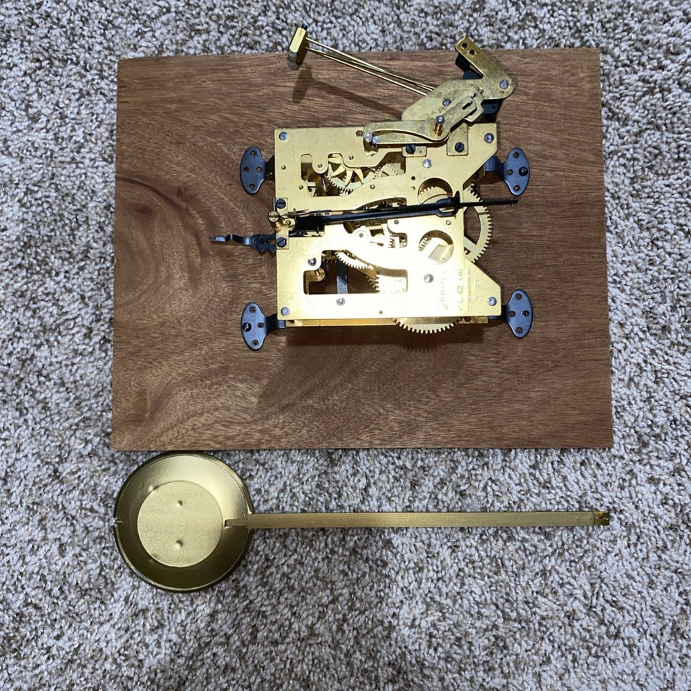 Jouch PL42 1973 Clock Chime Movement W/ Pendulum, Mount, Clock Hands, Wind WORKS