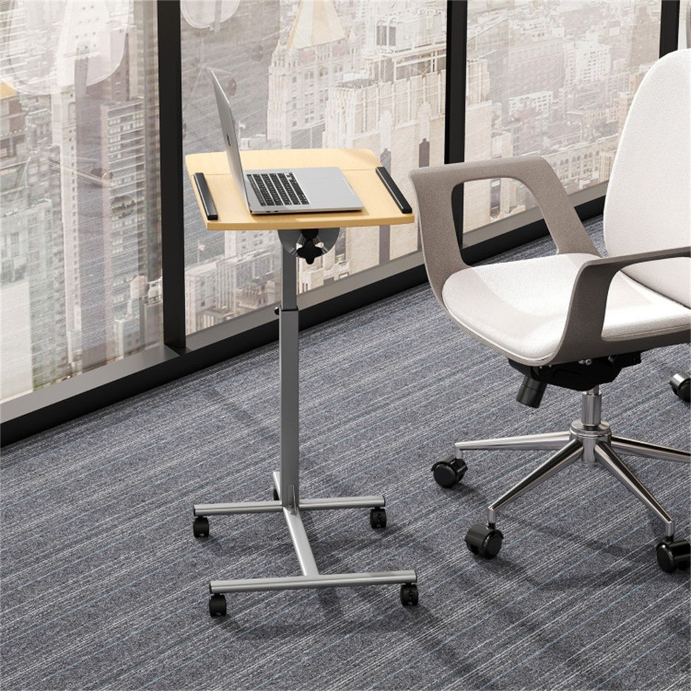 Adjustable Laptop Desk 24.5"-36" High Mobile Table Lockable Wheels Natural