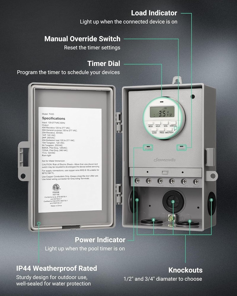 DEWENWILS Pool Pump Timer, Digital Timer Box, 2HP 40A 120-277 VAC, 7-Day Gray