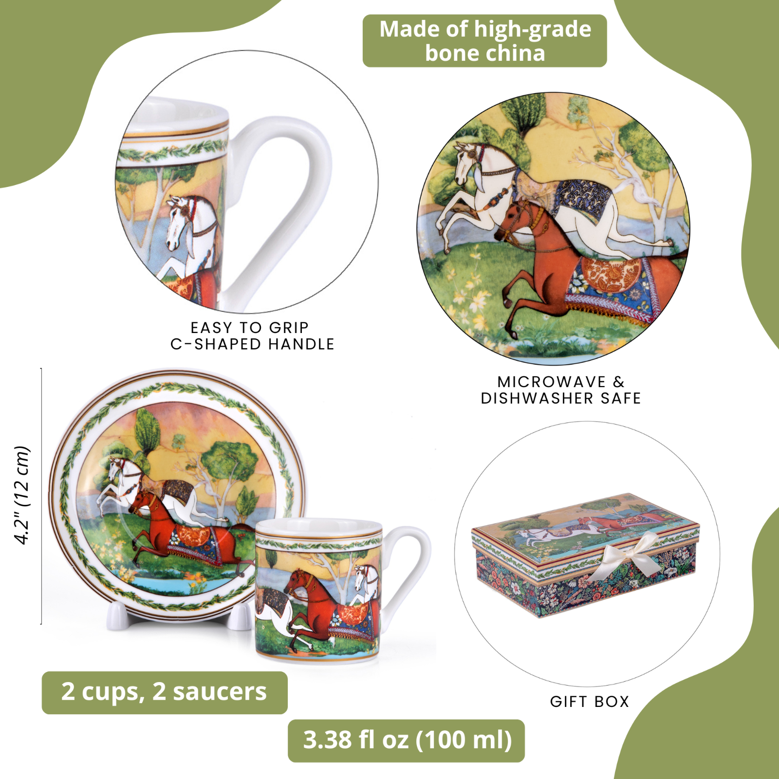 Running Horse Bone China Espresso Cup Set Luxury Demitasse Coffee Cups Set 100ml