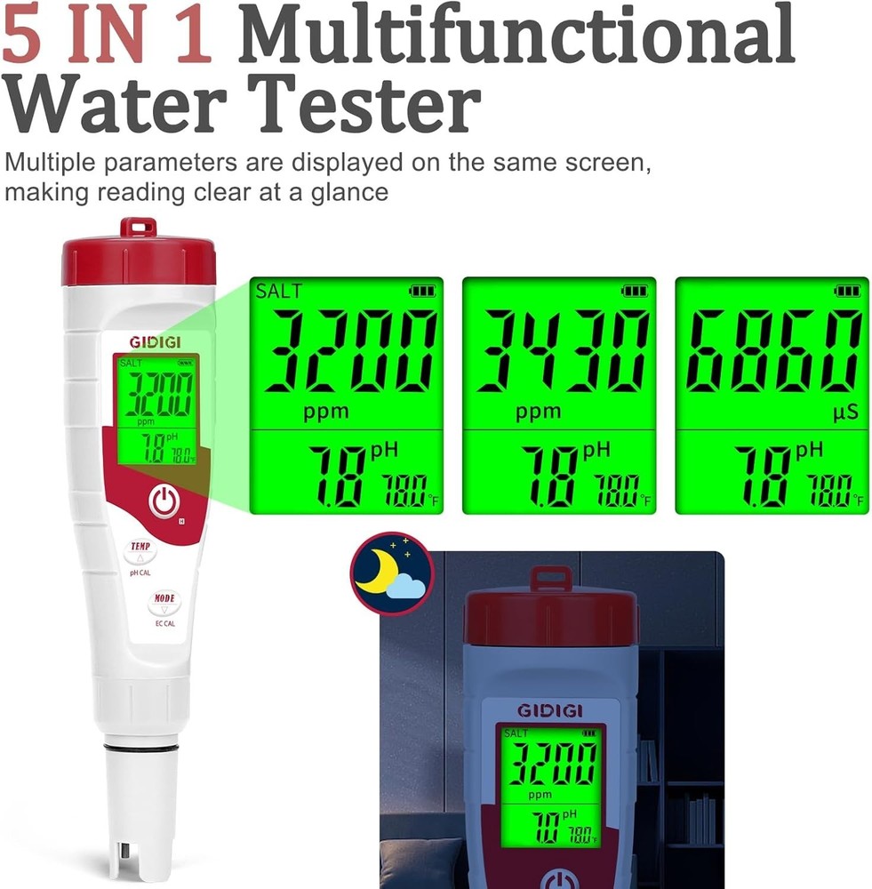 Pool Salt Tester pH Meter New Update Digital pH Tester Salinity Meter with Multi
