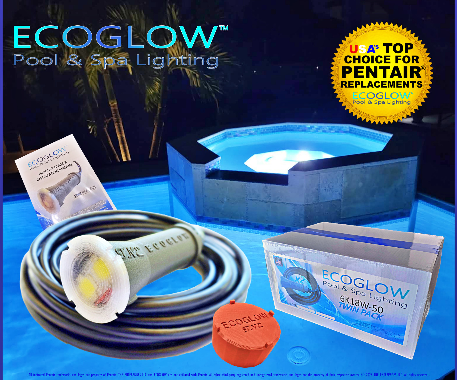 ECOGLOW WHITE Pool Light - DIRECT FIT for Pentair Globrite MADE IN THE USA w/2yr