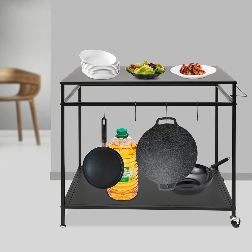 Kitchen BBQ Food Prep Work Cart Table Stand Mobile Storage Rack Grid Panel 2Tier