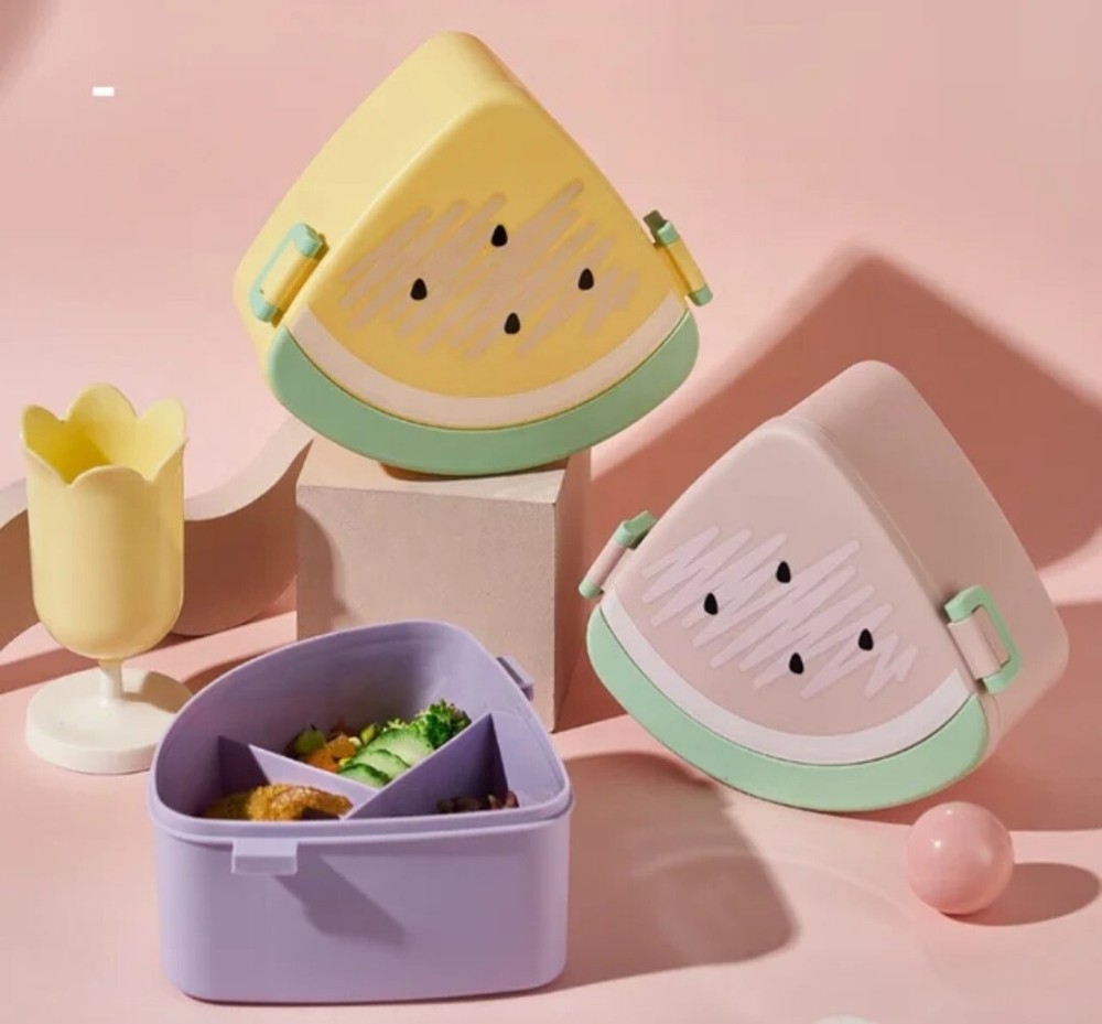 Watermelon Shaped Lunch Box With 3 Compartments, Fork & Spoon, Bento Box Yellow