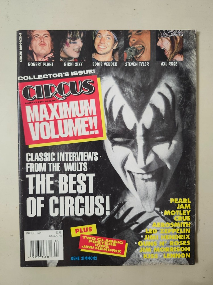 KISS 1994 Circus Magazine Gene Simmons Zeppelin Crue Hendrix/KISS Poster WARPED