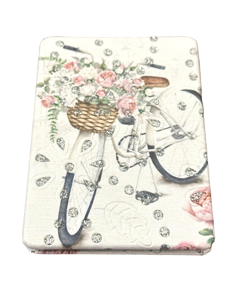 Pocket Mirror/Compact- rectangular-bicycle flower basket- glitter- pink  white