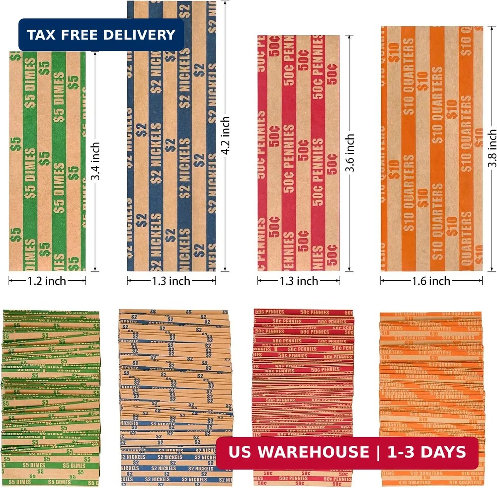 ESSENTIAL 200 Pcs Assorted Packed Flat Stripped Coin Wrappers, Coin Rolls Wrappe