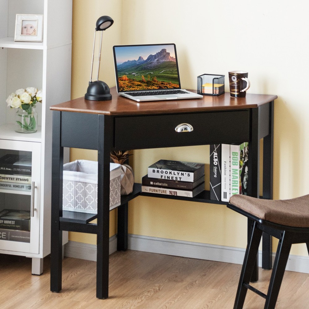 Corner Computer Desk Laptop Study Table Workstation W/ Drawer & Shelves Brown