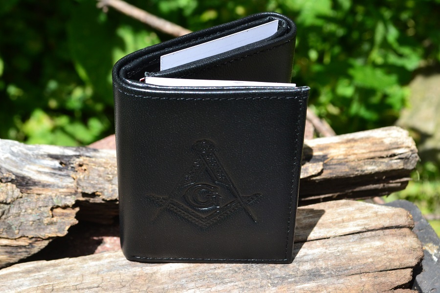Masonic Black Leather Tri-Fold Wallet - RFID Protected - Square and Compasses