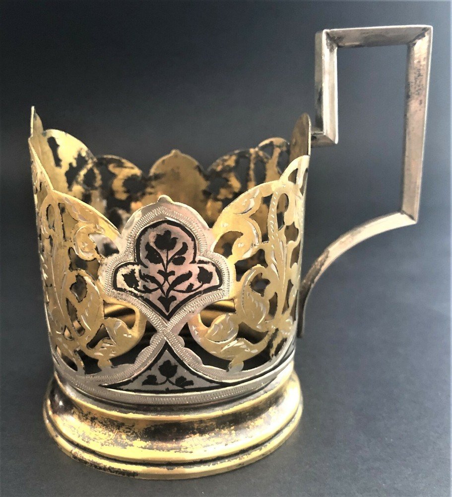 Russian Soviet Niello Gilded 875 Silver Glass Holder