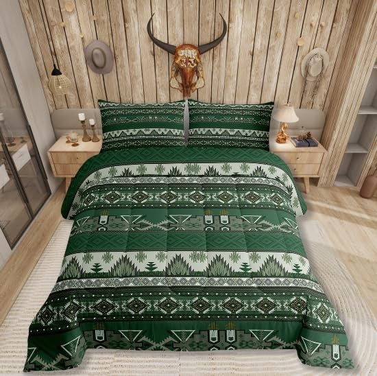 Rustic Western Comforter Set Boho Aztec Bedding Set for Twin Green Brown